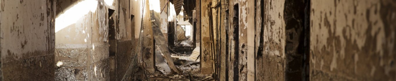 Burnt-out corridors, collapsed roofs, twisted metal and ash, is all that remains of many building at the MSF Trauma Centre in Kunduz