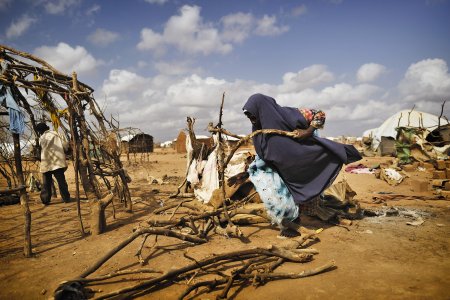 A woman is building a shelter in Dadaab refugee camp