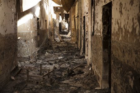 Burnt-out corridors, collapsed roofs, twisted metal and ash, is all that remains of many building at the MSF Trauma Centre in Kunduz